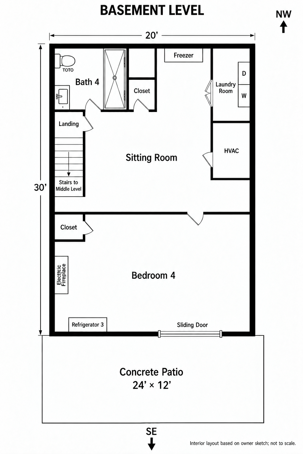Basement level floor plan with approximate dimensions