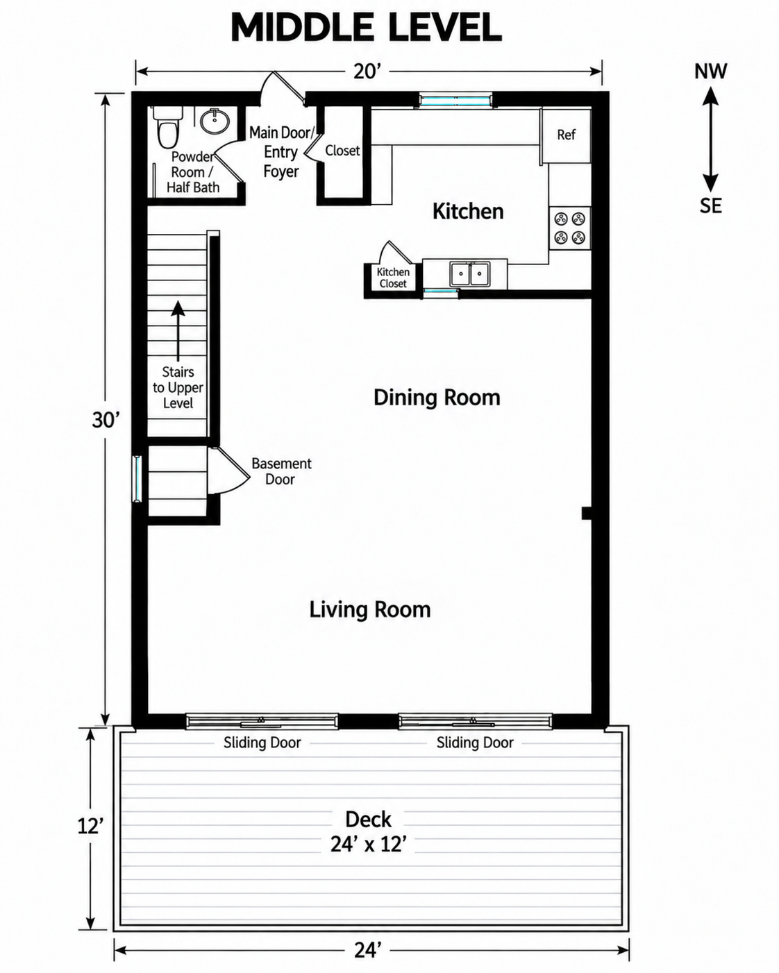 Middle level floor plan with approximate dimensions