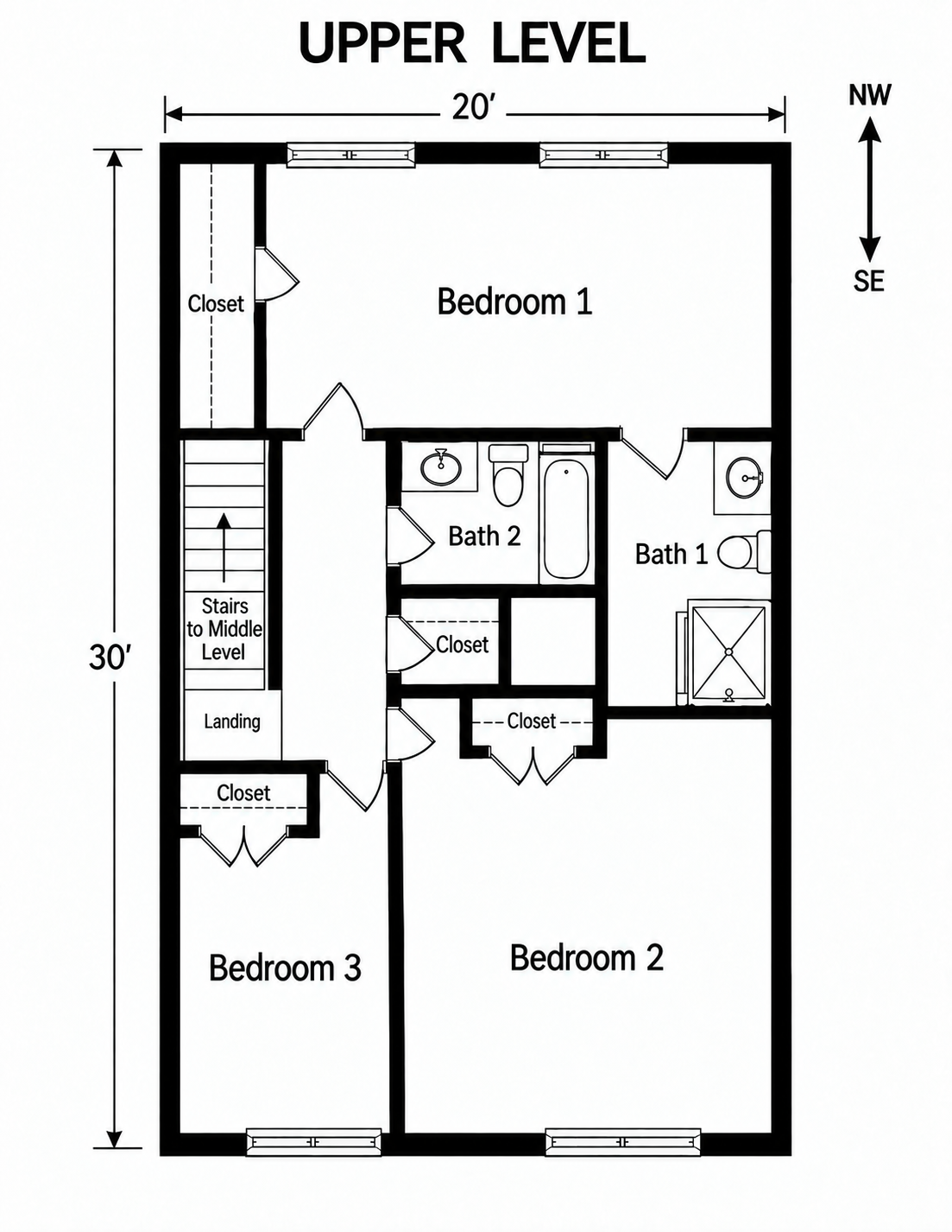 Upper level floor plan with approximate dimensions